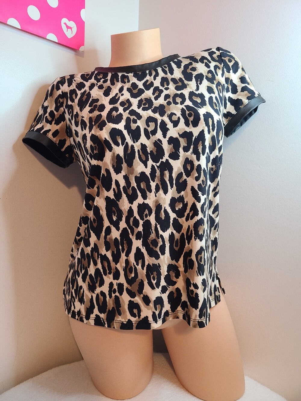 Anne Klein Faux Leather Trimmed Leopard Print Top Size PS
